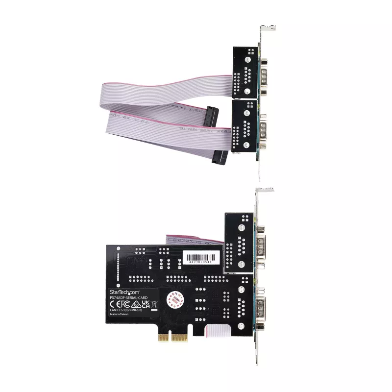 Karta PCIe z 4 portami szeregowymi StarTech.com, karta szeregowa PCI Express na RS232/RS422/RS485 (DB9) z czterema portami, w zestawie niskoprofilowy wspornik, UART 16C1050, Windows/Linux, zgodność z TAA – ochrona ESD poziomu 4