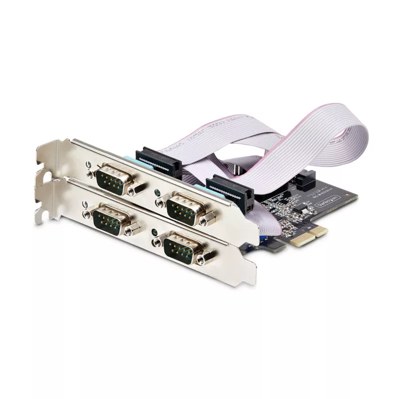 Karta PCIe z 4 portami szeregowymi StarTech.com, karta szeregowa PCI Express na RS232/RS422/RS485 (DB9) z czterema portami, w zestawie niskoprofilowy wspornik, UART 16C1050, Windows/Linux, zgodność z TAA – ochrona ESD poziomu 4