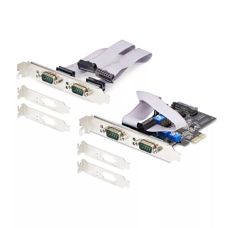 Karta PCIe z 4 portami szeregowymi StarTech.com, karta szeregowa PCI Express na RS232/RS422/RS485 (DB9) z czterema portami, w zestawie niskoprofilowy wspornik, UART 16C1050, Windows/Linux, zgodność z TAA – ochrona ESD poziomu 4