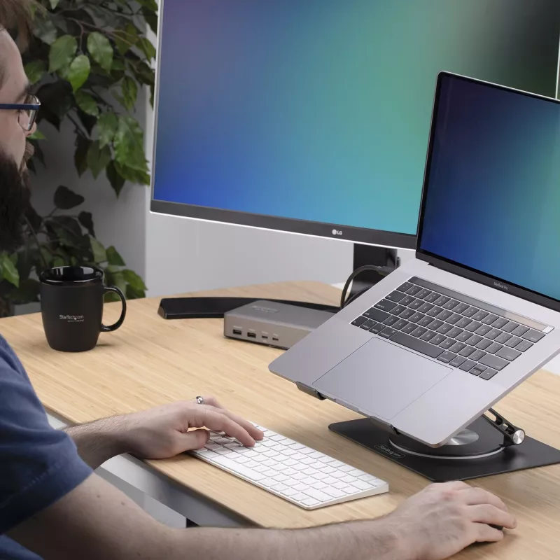 StarTech.com Obrotowa podstawka pod laptopa, 360°, ergonomiczny podnośnik biurkowy do komputera, podwyższona półka z regulowanym pochyleniem, maks. 5 kg, aluminiowa konstrukcja, przenośna