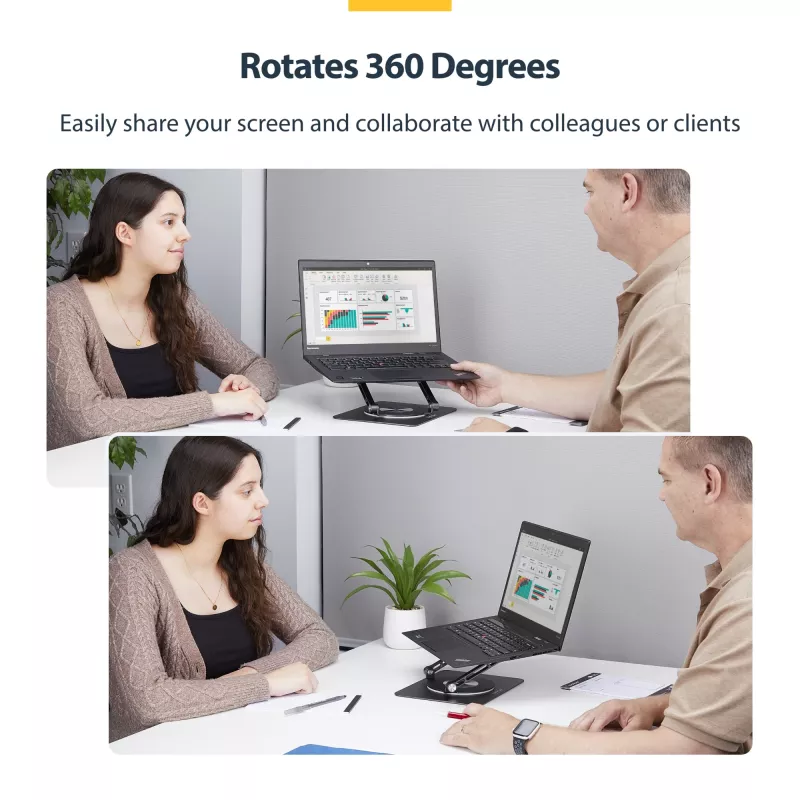 StarTech.com Obrotowa podstawka pod laptopa, 360°, ergonomiczny podnośnik biurkowy do komputera, podwyższona półka z regulowanym pochyleniem, maks. 5 kg, aluminiowa konstrukcja, przenośna