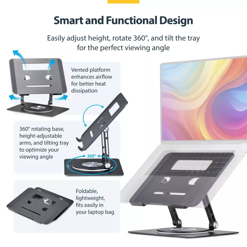 StarTech.com Obrotowa podstawka pod laptopa, 360°, ergonomiczny podnośnik biurkowy do komputera, podwyższona półka z regulowanym pochyleniem, maks. 5 kg, aluminiowa konstrukcja, przenośna