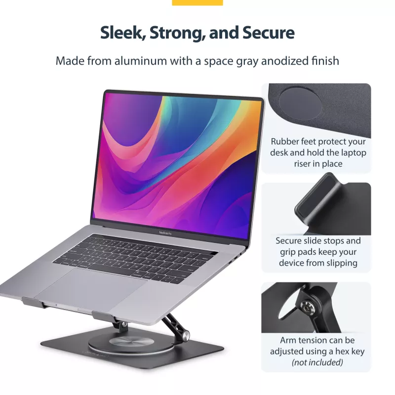 StarTech.com Obrotowa podstawka pod laptopa, 360°, ergonomiczny podnośnik biurkowy do komputera, podwyższona półka z regulowanym pochyleniem, maks. 5 kg, aluminiowa konstrukcja, przenośna