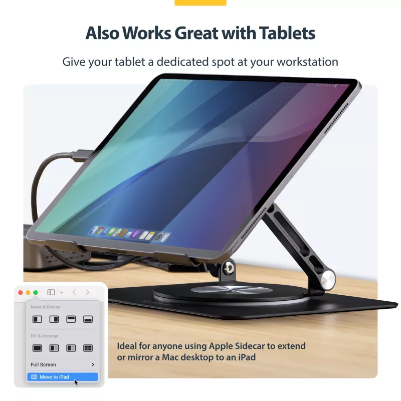 StarTech.com Obrotowa podstawka pod laptopa, 360°, ergonomiczny podnośnik biurkowy do komputera, podwyższona półka z regulowanym pochyleniem, maks. 5 kg, aluminiowa konstrukcja, przenośna