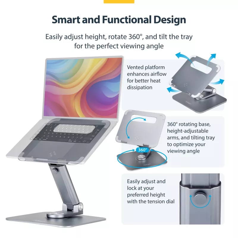 StarTech.com Teleskopowa podstawka pod laptopa, obrotowa podstawa 360°, obrotowy podnośnik komputerowy na biurko, regulowana wysokość i kąt nachylenia, maks. 5 kg, aluminiowa konstrukcja, przenośna konstrukcja