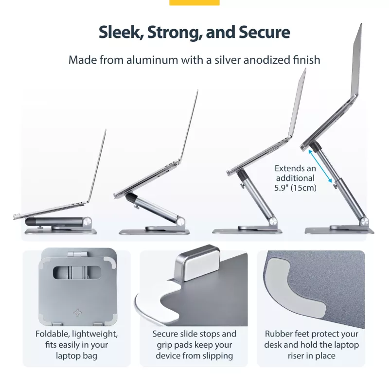 StarTech.com Teleskopowa podstawka pod laptopa, obrotowa podstawa 360°, obrotowy podnośnik komputerowy na biurko, regulowana wysokość i kąt nachylenia, maks. 5 kg, aluminiowa konstrukcja, przenośna konstrukcja