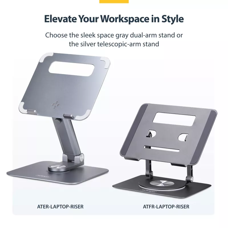 StarTech.com Teleskopowa podstawka pod laptopa, obrotowa podstawa 360°, obrotowy podnośnik komputerowy na biurko, regulowana wysokość i kąt nachylenia, maks. 5 kg, aluminiowa konstrukcja, przenośna konstrukcja