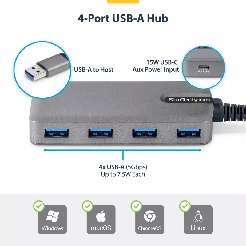 StarTech.com 4-portowy hub USB-A, 5 Gb/s, zasilany z magistrali, USB-A do 4x USB-A z pomocniczym wejściem zasilania USB-C, kabel hosta 1 ft/30 cm, przenośny hub USB do komputerów stacjonarnych/laptopów
