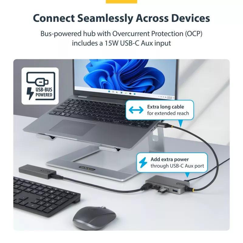 StarTech.com 4-portowy hub USB-A, 5 Gb/s, zasilany z magistrali, USB-A do 4x USB-A z pomocniczym wejściem zasilania USB-C, kabel hosta 1 ft/30 cm, przenośny hub USB do komputerów stacjonarnych/laptopów