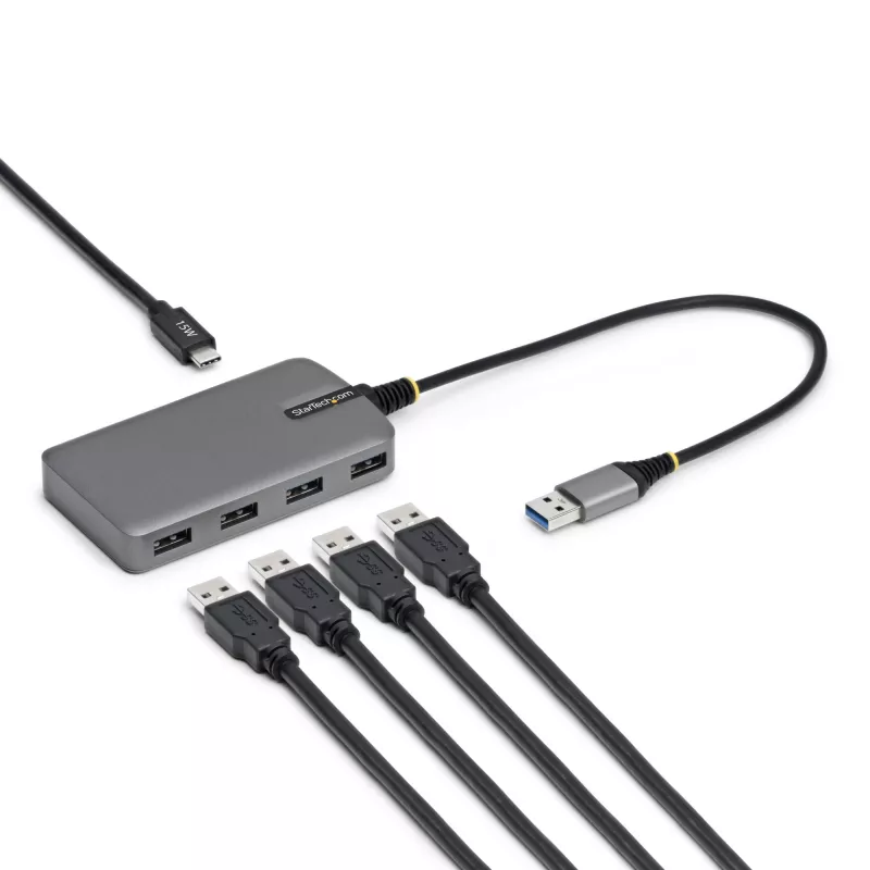 StarTech.com 4-portowy hub USB-A, 5 Gb/s, zasilany z magistrali, USB-A do 4x USB-A z pomocniczym wejściem zasilania USB-C, kabel hosta 1 ft/30 cm, przenośny hub USB do komputerów stacjonarnych/laptopów