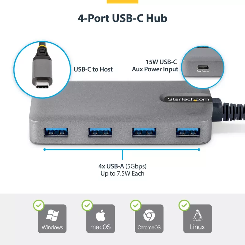 StarTech.com 4-Port USB-C Hub, 5Gbps, Bus Powered, USB C to 4x USB-A Hub z USB-C Auxiliary Power Input, 1ft/30cm Host kabel, Portable Desktop/Laptop USB Hub
