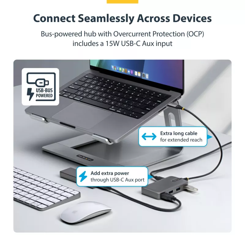 StarTech.com 4-Port USB-C Hub, 5Gbps, Bus Powered, USB C to 4x USB-A Hub z USB-C Auxiliary Power Input, 1ft/30cm Host kabel, Portable Desktop/Laptop USB Hub