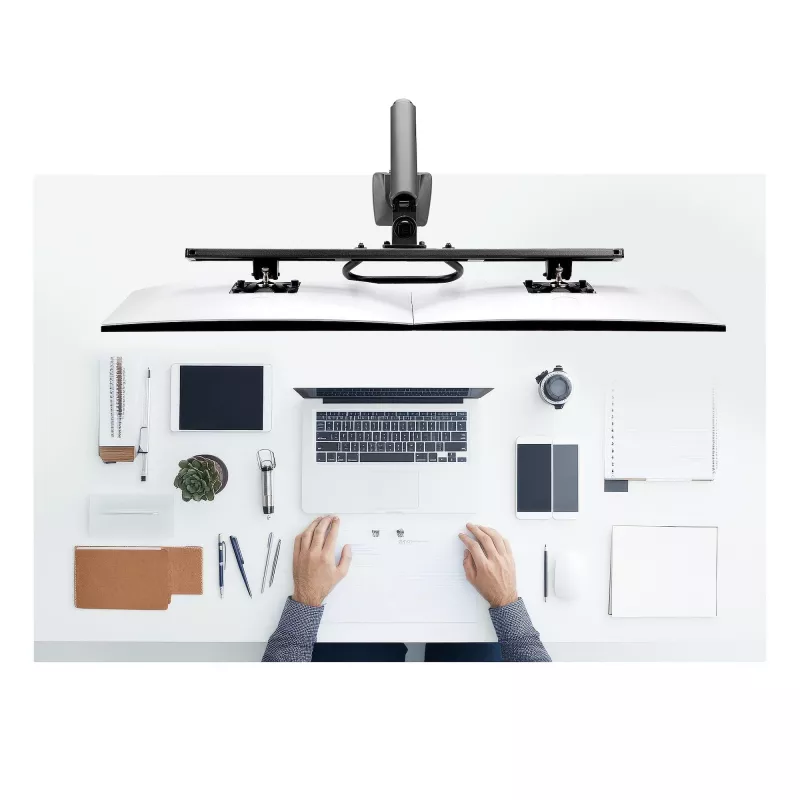 StarTech.com Dwupunktowe ramię do monitorów z poprzeczką, montaż do biurka, do monitorów do 27 cali, VESA 75x75/100x100, maks. 33 funty/15 kg, zacisk C, w pełni przegubowe, sprężyna mechaniczna, TAA