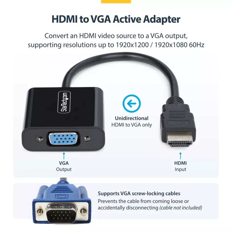 StarTech.com Adapter HDMI na VGA, aktywny konwerter wideo do laptopa/komputera stacjonarnego, 1920x1080 (1080p), źródło HDMI do monitora/wyświetlacza/projektora VGA