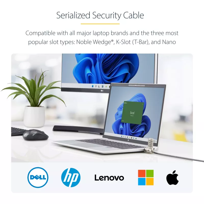 StarTech.com 25-Pack Universal Laptop Lock 6.6ft (2m), Serializowana linka zabezpieczająca do notebooka, kompatybilna z Noble Wedge®/Nano/K-Slot, linka z zamkiem szyfrowym bezkluczykowa - TAA
