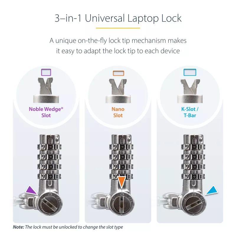 StarTech.com 25-Pack Universal Laptop Lock 6.6ft (2m), Serializowana linka zabezpieczająca do notebooka, kompatybilna z Noble Wedge®/Nano/K-Slot, linka z zamkiem szyfrowym bezkluczykowa - TAA