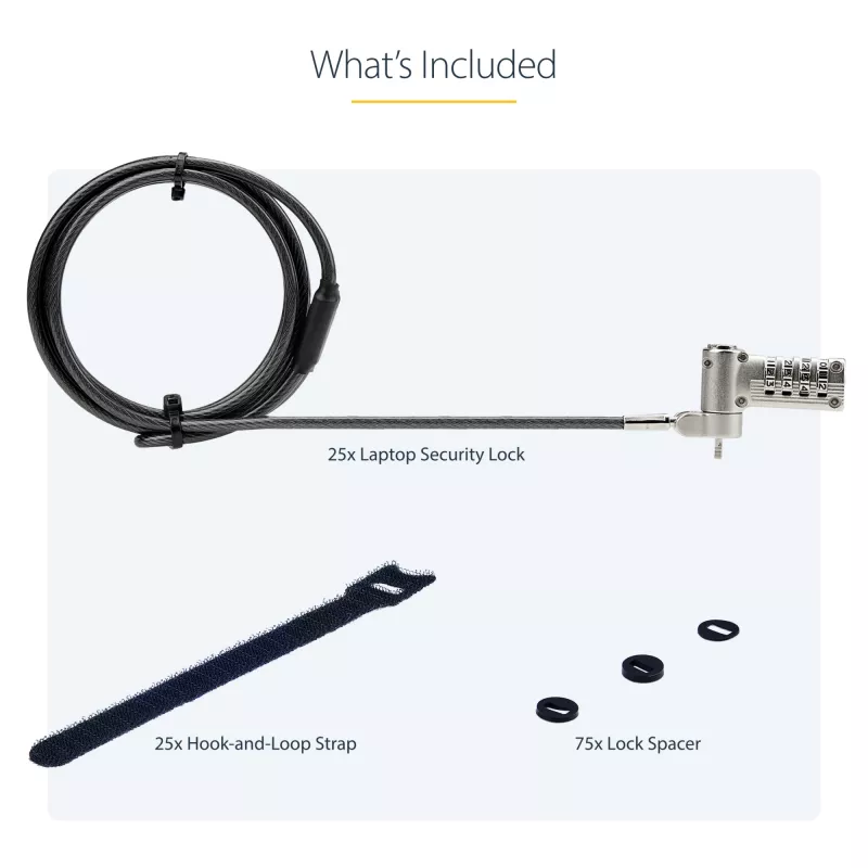 StarTech.com 25-Pack Universal Laptop Lock 6.6ft (2m), Serializowana linka zabezpieczająca do notebooka, kompatybilna z Noble Wedge®/Nano/K-Slot, linka z zamkiem szyfrowym bezkluczykowa - TAA