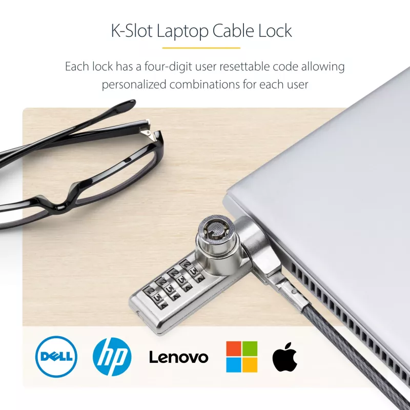 StarTech.com 10-Pack Dual-Access Laptop Lock, 6.5ft (2m) Keyed Alike and Combination Security kabel Lock for K-Slot Devices, Computer Anti-Theft Steel kabel