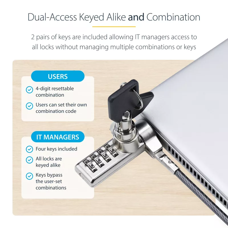 StarTech.com 10-Pack Dual-Access Laptop Lock, 6.5ft (2m) Keyed Alike and Combination Security kabel Lock for K-Slot Devices, Computer Anti-Theft Steel kabel