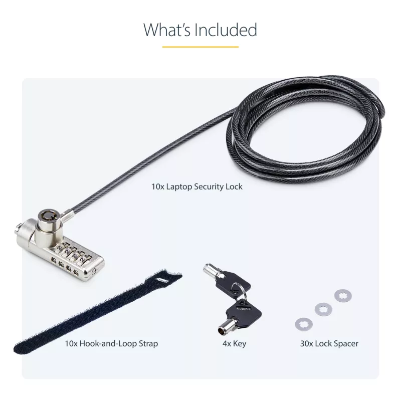 StarTech.com 10-Pack Dual-Access Laptop Lock, 6.5ft (2m) Keyed Alike and Combination Security kabel Lock for K-Slot Devices, Computer Anti-Theft Steel kabel