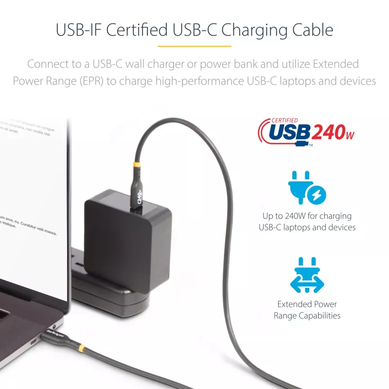 StarTech.com 4m kabel ładujący USB-C, certyfikat USB-IF, 240 W PD EPR, USB 2.0 Type-C przewód do ładowania laptopa, kabel do przesyłania danych USB-C, osłona TPE, M/M