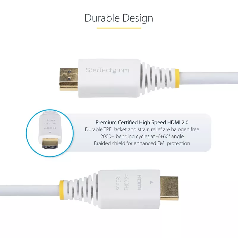 StarTech.com 3 m Premium Certified High Speed HDMI kabel, 4K 60 Hz / 1440p 144 Hz, HDR10 / HDCP 2.2 / ARC, 18 Gb/s, UHD HDMI 2.0 Cord for TV / Monitor / Display, TPE Jacket, biały