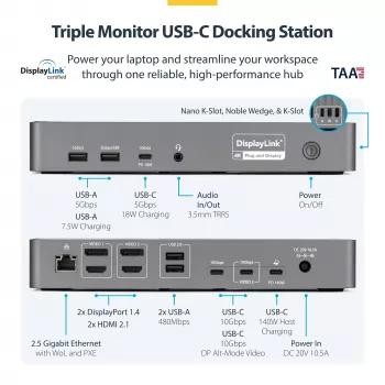 Stacja dokująca StarTech.com USB-C z obsługą trzech monitorów, ładowarka do laptopa 140 W dla MacBook Pro i Windows, HDMI 4K 60 Hz lub DisplayPort, TAA