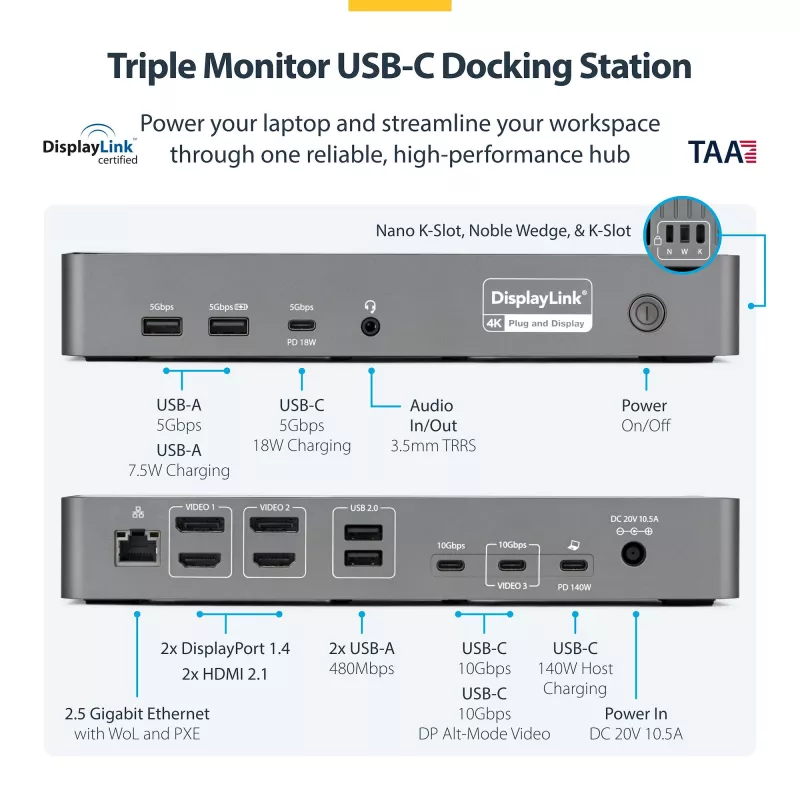 Stacja dokująca StarTech.com USB-C z obsługą trzech monitorów, ładowarka do laptopa 140 W dla MacBook Pro i Windows, HDMI 4K 60 Hz lub DisplayPort, TAA