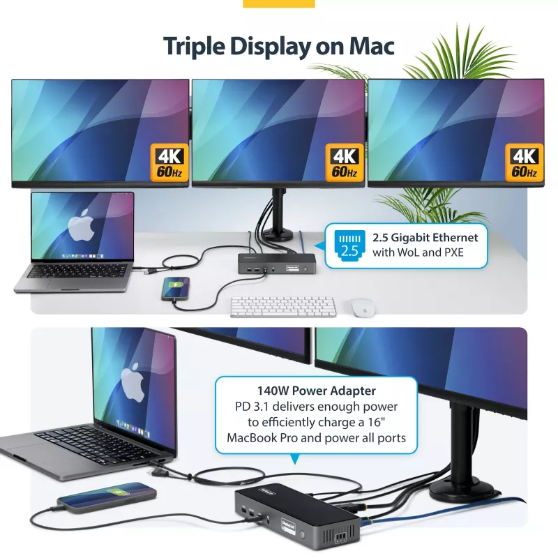Stacja dokująca StarTech.com USB-C z obsługą trzech monitorów, ładowarka do laptopa 140 W dla MacBook Pro i Windows, HDMI 4K 60 Hz lub DisplayPort, TAA