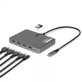 StarTech.com USB-C do adaptera stacji roboczej z czterema monitorami, 4K 60Hz HDMI, 140W PD Passthrough do ładowania laptopa, port USB do bezprzewodowej klawiatury / myszy, TAA