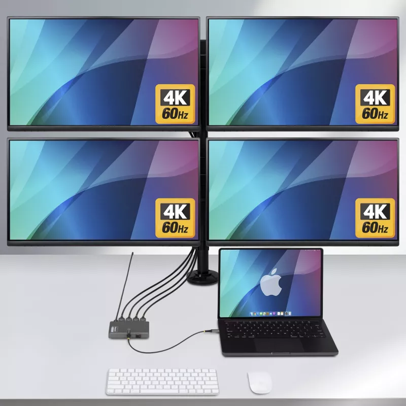 StarTech.com USB-C do adaptera stacji roboczej z czterema monitorami, 4K 60Hz HDMI, 140W PD Passthrough do ładowania laptopa, port USB do bezprzewodowej klawiatury / myszy, TAA