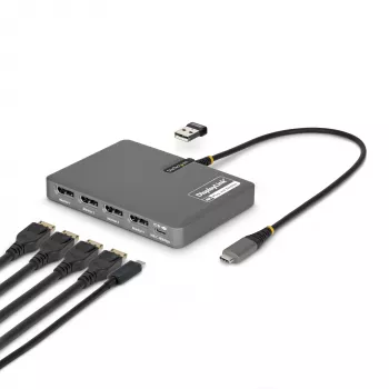 StarTech.com Adapter stacji roboczej USB-C do czterech monitorów, 4K 60 Hz DisplayPort, zasilanie przelotowe PD 140 W do ładowania laptopa, port USB dla klawiatury/myszy bezprzewodowej, TAA