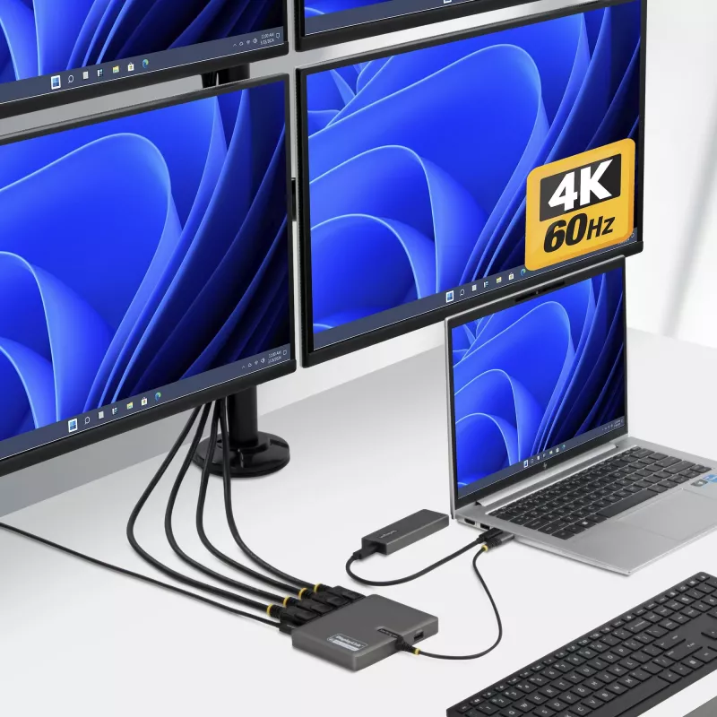 StarTech.com Adapter stacji roboczej USB-C do czterech monitorów, 4K 60 Hz DisplayPort, zasilanie przelotowe PD 140 W do ładowania laptopa, port USB dla klawiatury/myszy bezprzewodowej, TAA