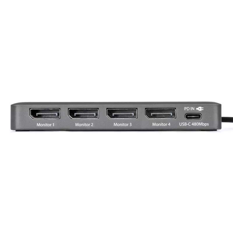 StarTech.com Adapter stacji roboczej USB-C do czterech monitorów, 4K 60 Hz DisplayPort, zasilanie przelotowe PD 140 W do ładowania laptopa, port USB dla klawiatury/myszy bezprzewodowej, TAA