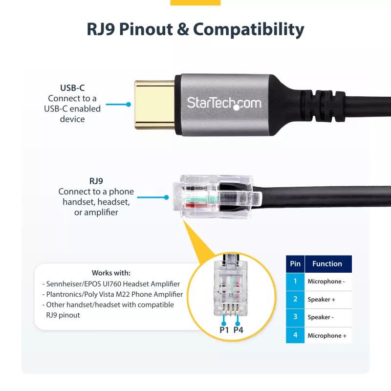 StarTech.com UR9-HEADSET-ADAPTER adapter złącza złącza USB-C RJ-9 Czarny