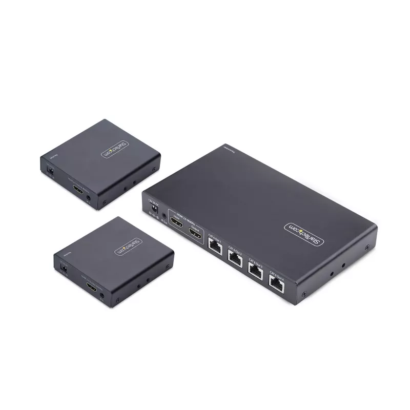 StarTech.com 4-portowy przedłużacz i rozgałęźnik HDMI przez CAT6, 4K 60 Hz, do 70 m (230 stóp), zestaw dystrybucyjny HDMI przez Ethernet 1x4 z IR i zasilaniem przez kabel
