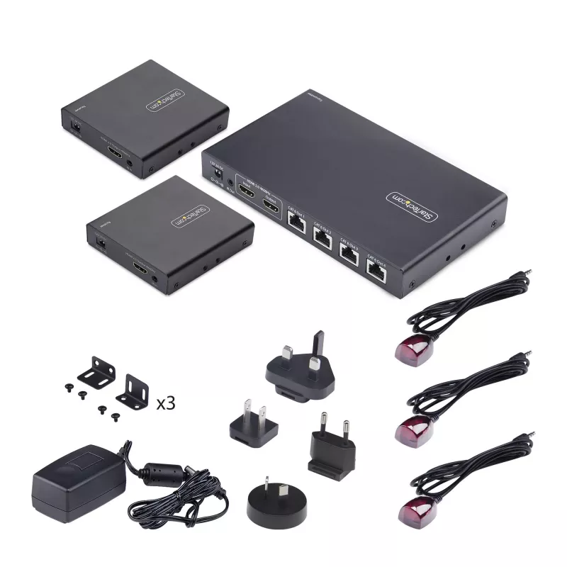 StarTech.com 4-portowy przedłużacz i rozgałęźnik HDMI przez CAT6, 4K 60 Hz, do 70 m (230 stóp), zestaw dystrybucyjny HDMI przez Ethernet 1x4 z IR i zasilaniem przez kabel