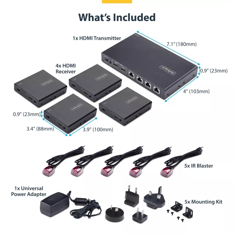 StarTech.com 4-portowy przedłużacz i rozgałęźnik HDMI przez CAT6, 4K 60 Hz, do 70 m (230 stóp), zestaw dystrybucyjny HDMI przez Ethernet 1x4 z IR i zasilaniem przez kabel