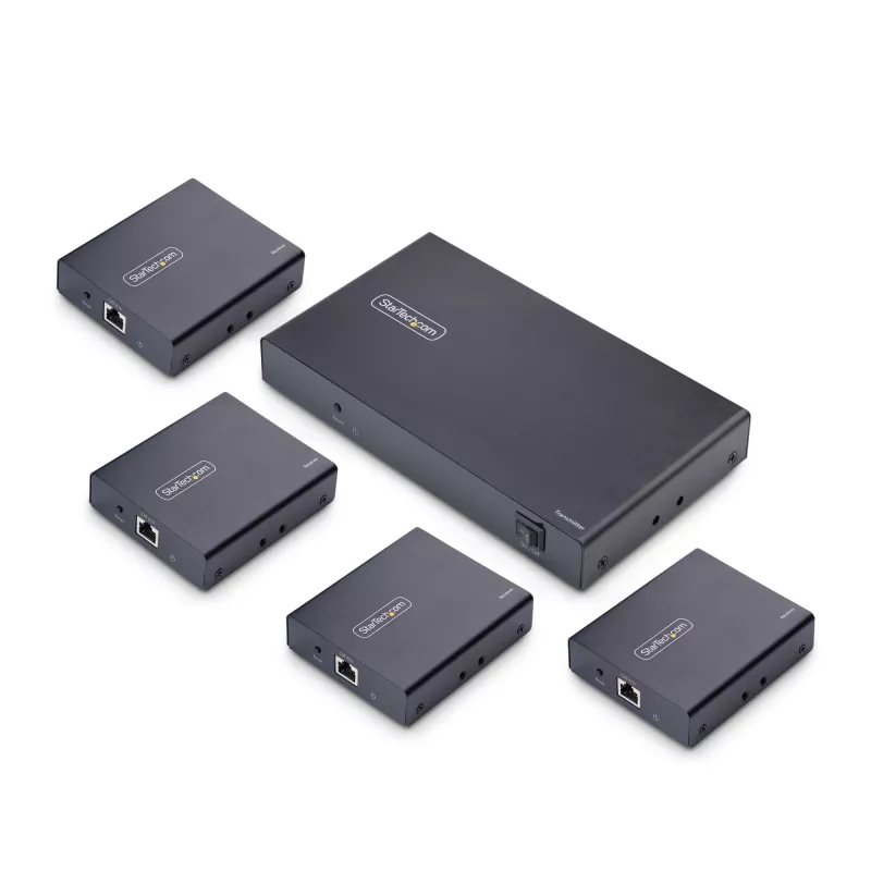 StarTech.com 4-portowy przedłużacz i rozgałęźnik HDMI przez CAT6, 4K 60 Hz, do 70 m (230 stóp), zestaw dystrybucyjny HDMI przez Ethernet 1x4 z IR i zasilaniem przez kabel
