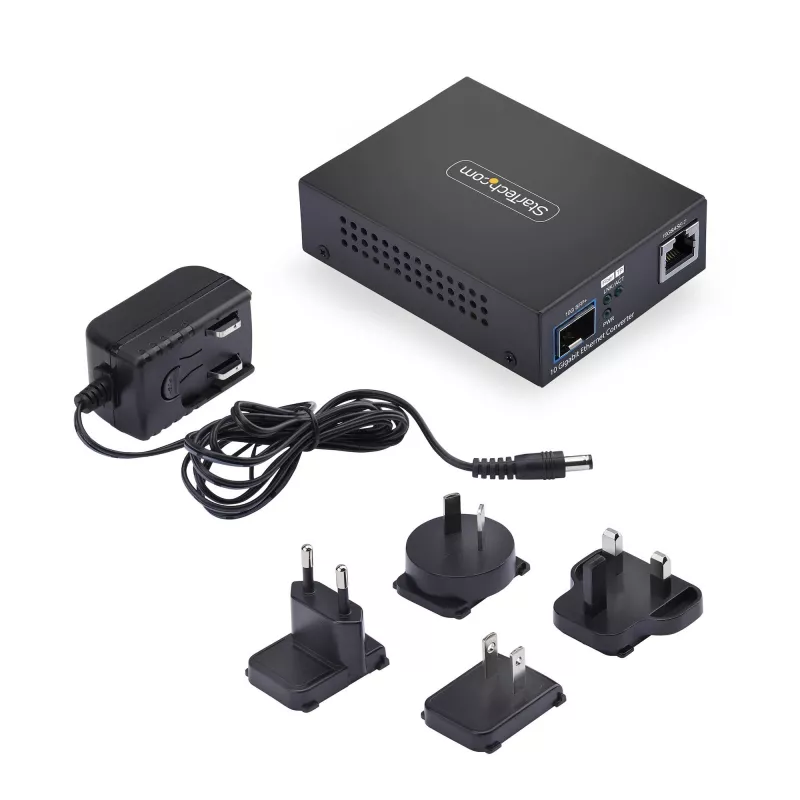 StarTech.com 10GbE SFP+ Fiber Media Converter, 10 Gigabit Ethernet RJ-45 do 10GBASE-X SFP+, jednomodowy, wielomodowy, ramki Jumbo 16K, zgodny z TAA