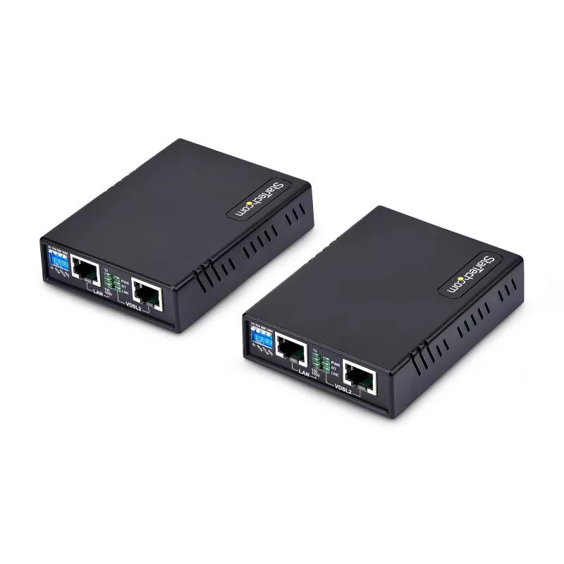 StarTech.com zestaw przedłużacza Ethernet VDSL2 przez pojedynczą parę przewodów, do 0,6 mili (1 km) zasięgu, repeater LAN przez linię telefoniczną/CAT5e/CAT6, do 300 Mb/s, zamiennik dla 110VDSLEXTEU - TAA