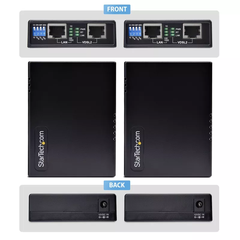StarTech.com zestaw przedłużacza Ethernet VDSL2 przez pojedynczą parę przewodów, do 0,6 mili (1 km) zasięgu, repeater LAN przez linię telefoniczną/CAT5e/CAT6, do 300 Mb/s, zamiennik dla 110VDSLEXTEU - TAA