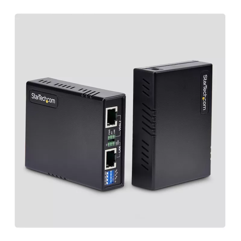 StarTech.com zestaw przedłużacza Ethernet VDSL2 przez pojedynczą parę przewodów, do 0,6 mili (1 km) zasięgu, repeater LAN przez linię telefoniczną/CAT5e/CAT6, do 300 Mb/s, zamiennik dla 110VDSLEXTEU - TAA