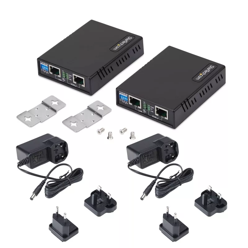 StarTech.com zestaw przedłużacza Ethernet VDSL2 przez pojedynczą parę przewodów, do 0,6 mili (1 km) zasięgu, repeater LAN przez linię telefoniczną/CAT5e/CAT6, do 300 Mb/s, zamiennik dla 110VDSLEXTEU - TAA
