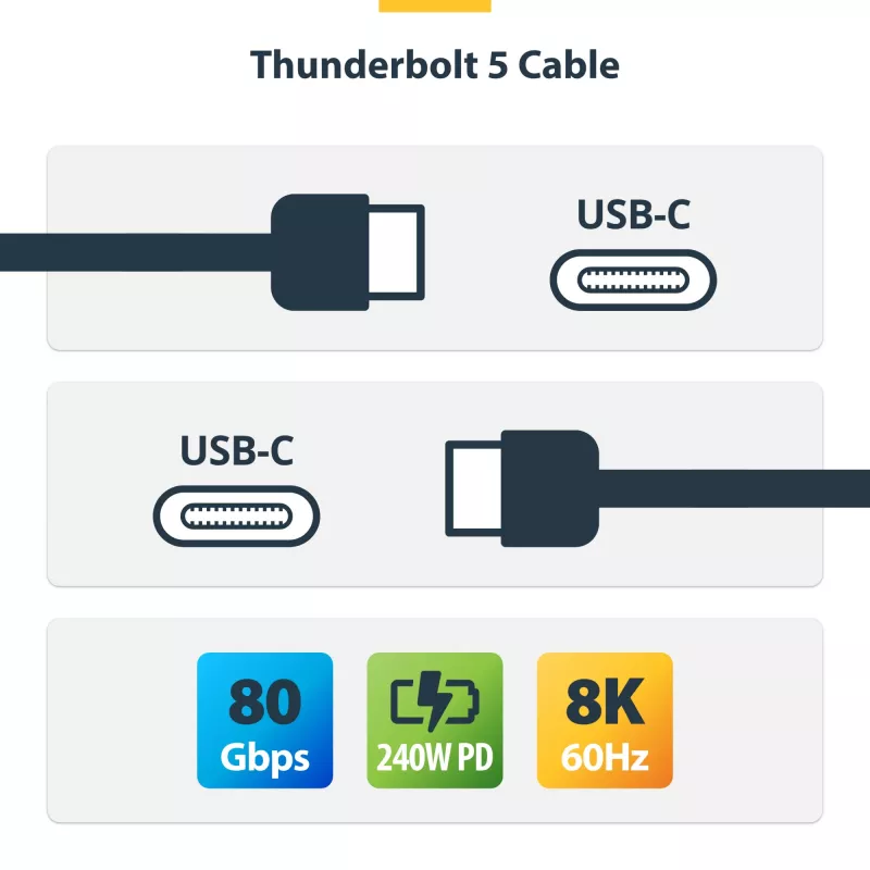 StarTech.com Kabel Thunderbolt 5 1 m, 80 Gb/s / do 120 Gb/s, 240 W PD, 8K 60 Hz, certyfikowany, kompatybilny z Thunderbolt 4/USB4/USB-C – biały