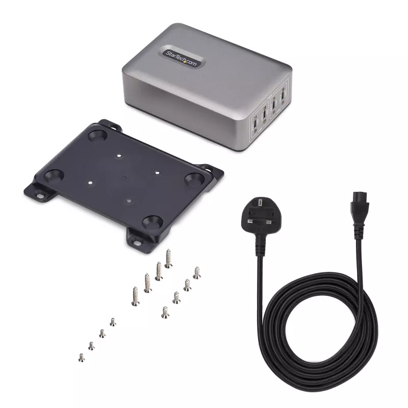 StarTech.com 4-portowa ładowarka USB-C do wielu urządzeń, 240 W łącznie, pojedynczy port 140 W EPR, PD 3.1, porty z blokadą śrubową, sale konferencyjne, uchwyt w zestawie do montażu powierzchniowego