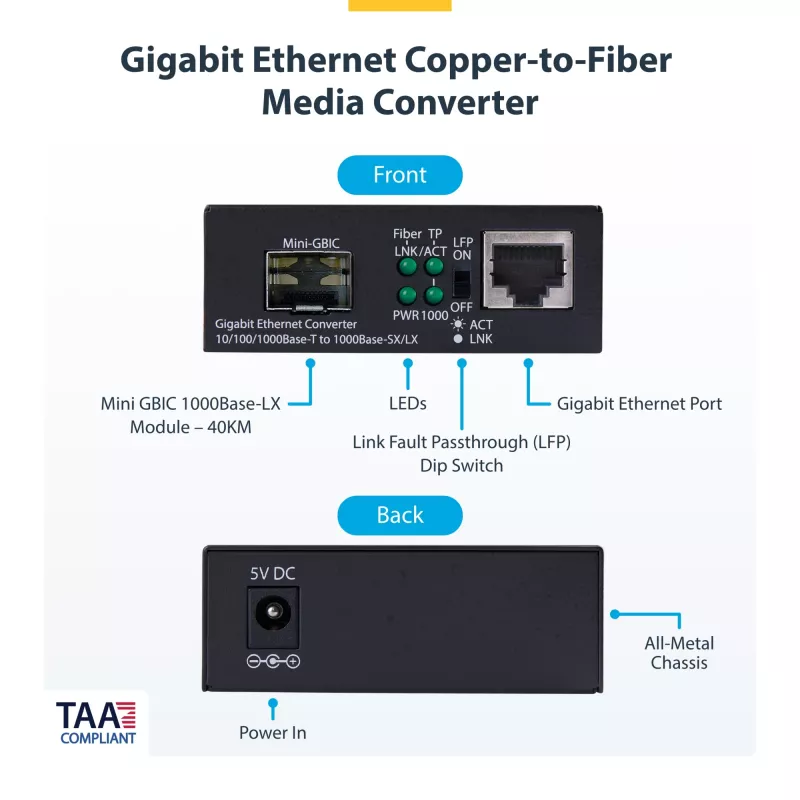 StarTech.com Konwerter mediów Gigabit Ethernet miedź-światłowód, SM LC, 40km, 10/100/1000 Mbps, RJ45 do LC, Full Metal, 9K Jumbo Frames, TAA Compliant