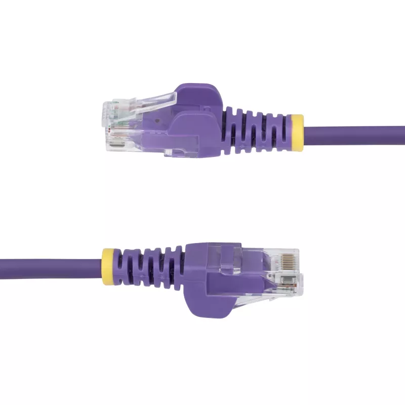 StarTech.com 25 cm Fioletowy cienki kabel Ethernet CAT6, bezzaczepowy, PoE 100 W, UTP, LSZH, linka z czystej miedzi 28 AWG, wąska krosówka sieciowa RJ45 z odciążeniami, testowana indywidualnie