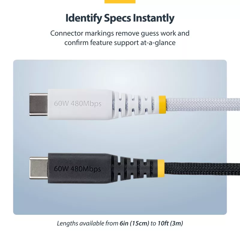 StarTech.com 1 m (3 stopy) biały kabel ładujący USB-C, 60 W (3 A) PD, dwuwarstwowy oplot nylon/TPE, wytrzymały przewód ładujący USB-C, kabel ładowarki do laptopa USB 2.0
