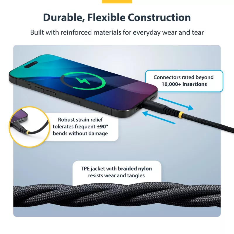 StarTech.com 3m (10ft) USB-C Charging kabel, 60W (3A) PD, Dual-Layer Braided Nylon/TPE Jacket, Rugged USB C Charging Cord, USB 2.0 Laptop Charger kabel